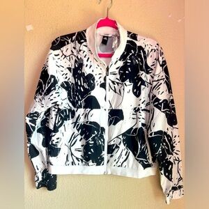 Adidas Black & White Tropical Monstera Cropped Bomber Windbreaker Jacket L